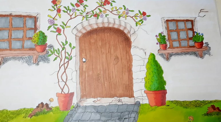 Sketch and Painting of Country Cottage Door and Front Garden